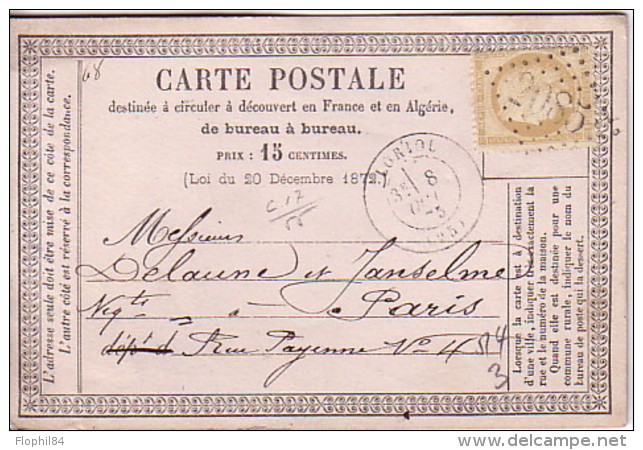 DROME - LORIOL - LE 8 OCTOBRE 1873 - CERES 15c OBLITERATION GC2085 - CARTE PRECURSEUR. - 1801-1848: Précurseurs XIX