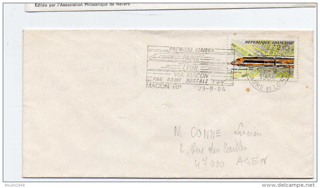 FDC FRANCE  Cpremiere Liaison Rame Postale Tgv Paris Lyon Via Macon     71  Macon   Y.T. N° 2334 - 1980-1989