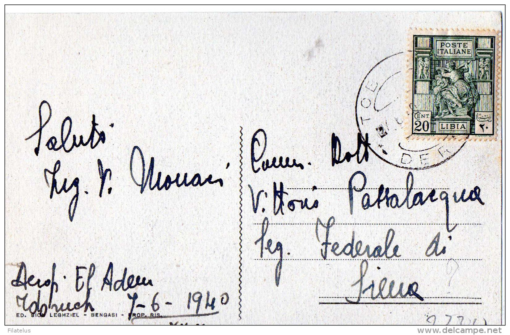 CARTOLINA POSTALE-LIBIA-CANTATRICE ARABA-CENT.20 LIBIA-DALL'AEROPORTO MILITARE DI EL ADEM-TOBRUCH-7-6-1940 - Libia