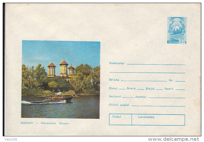 ARCHITECTURE, SNAGOV MONASTERY, LAKE, BOAT, COVER STATIONERY, ENTIER POSTAL, 1975, ROMANIA - Abbayes & Monastères