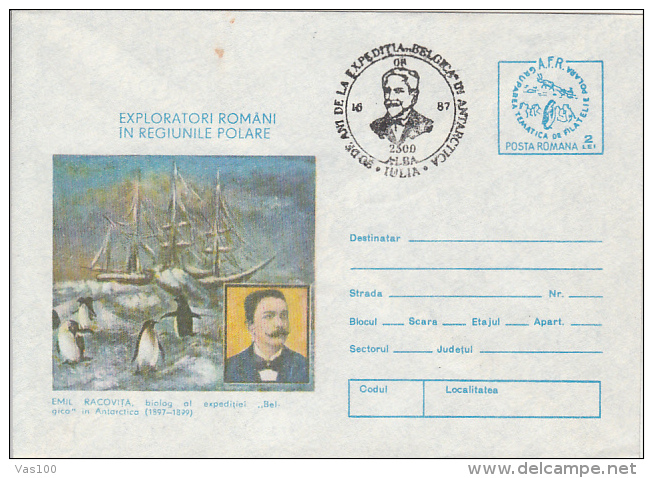 ANTARCTIC EXPEDITIONS, BELGICA, SHIP, RACOVITA, PENGUINS, COVER STATIONERY, ENTIER POSTAL, 1987, ROMANIA - Antarctische Expedities