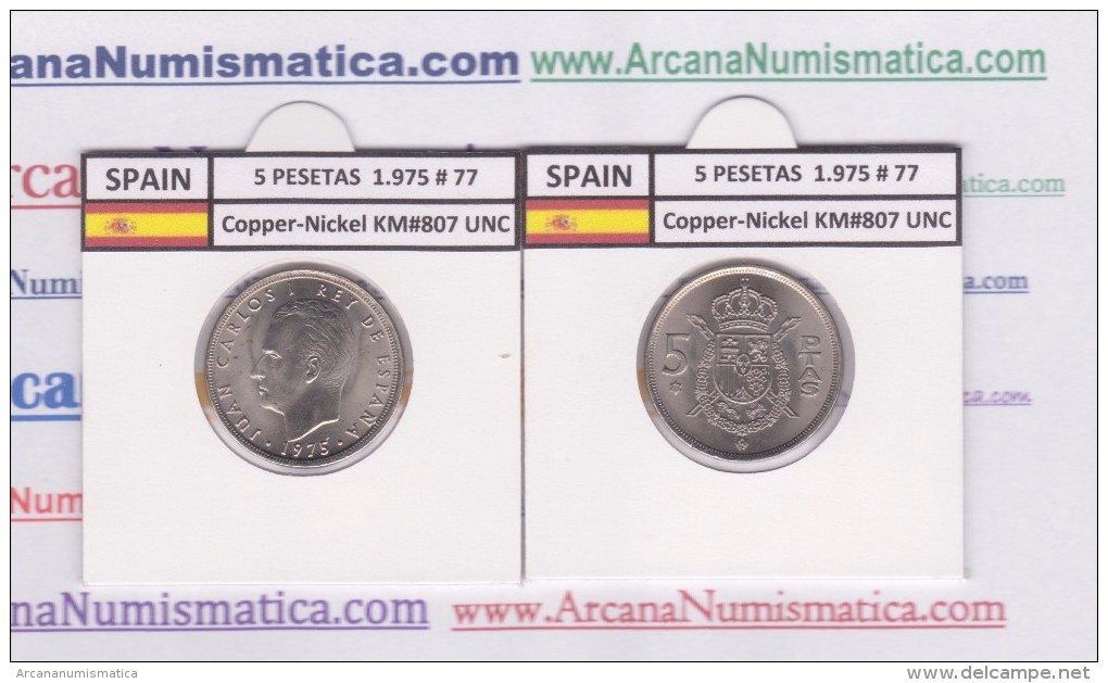 SPAIN/JUAN CARLOS I    5  PESETAS  1.975 #77   Cu-Ni   KM#807   SC/UNC  T-DL-9388 - 5 Pesetas