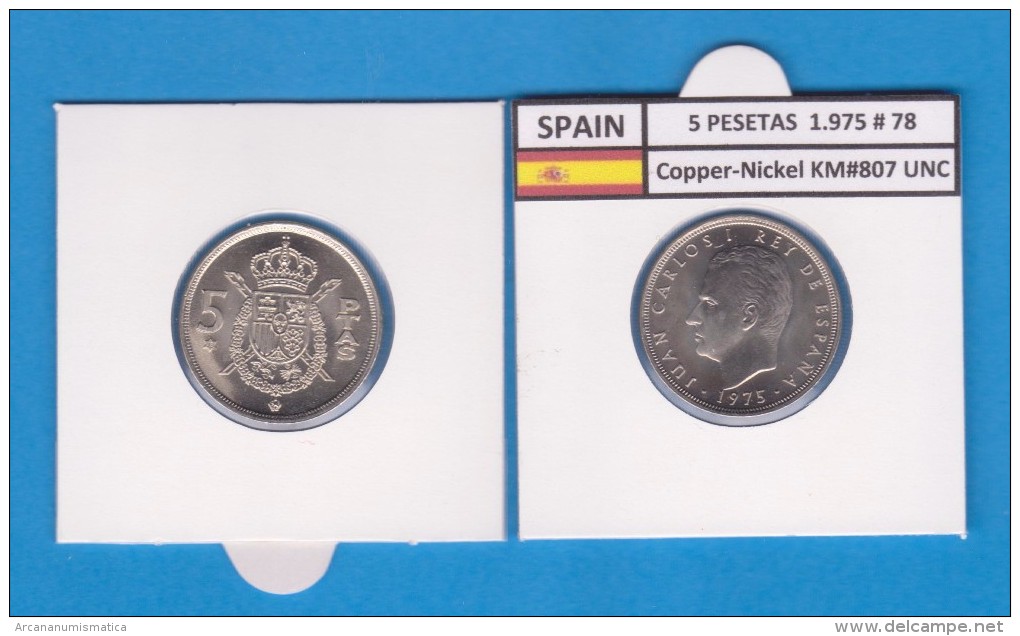 ESPAGNE /JUAN CARLOS I    5  PESETAS  1.975 #78   Cu-Ni   KM#807  SC/UNC   T-DL-9390 - 5 Pesetas