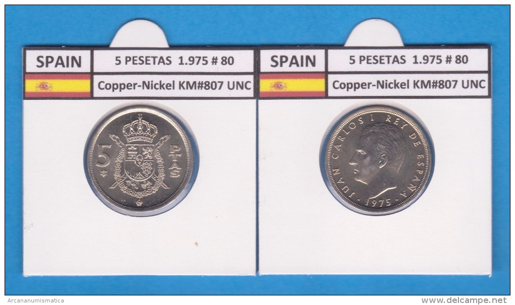 SPAIN /JUAN CARLOS I    5  PESETAS  1.975 #80   Cu-Ni   KM#807  SC/UNC   T-DL-9392 - 5 Pesetas