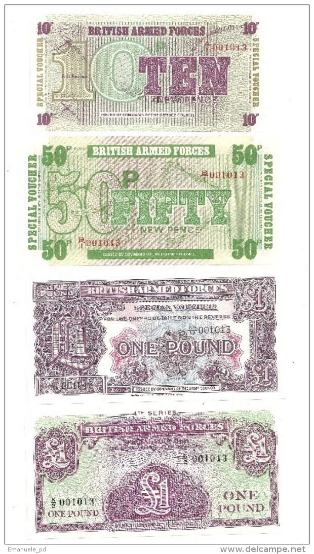 British Armed Forces Set Of 4 Banknotes ALL SAME LOW S/N 001013 UNC - Forze Armate Britanniche & Docuementi Speciali