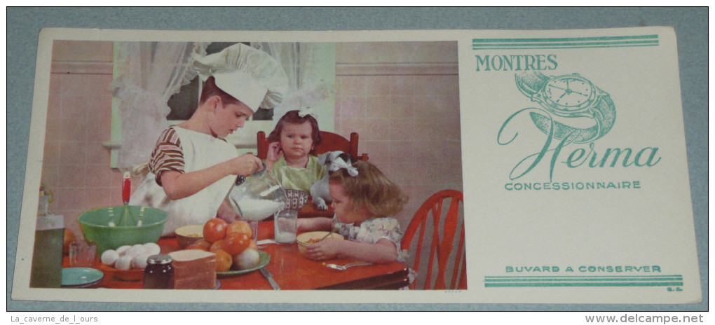 Rare Ancien BUVARD Publicitaire Montres HERMA, Montre, Photo Enfants Cuisinier, Déjeuner - H