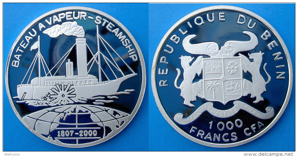 BENIN 1000 F 2000 ARGENTO PROOF SILVER 999 NAVE SHIP BATEAU A VAPEUR STEAMSHIP PESO 20g. TITOLO 0,999 CONSERVAZIONE FOND - Benin