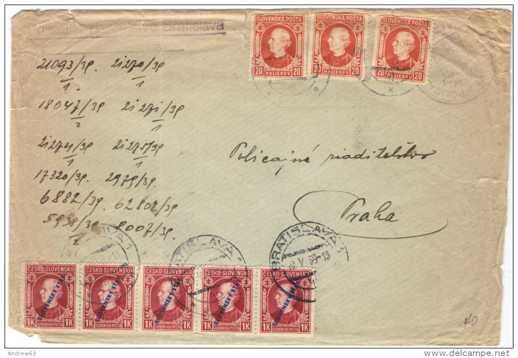 Slovacchia - SLOVAKIA - 1939 - 3 X 20 H + 5 X 1 K Overprinted - Policajne Riaditelstvo - Viaggiata Da Bratislava Per ... - Cartas & Documentos