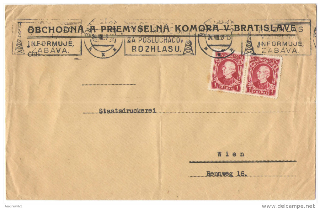 Slovacchia - SLOVAKIA - 1939 - 2 X 1 Koruna + Flamme - Viaggiata Da Bratislava Per Wien, Austria - Lettres & Documents