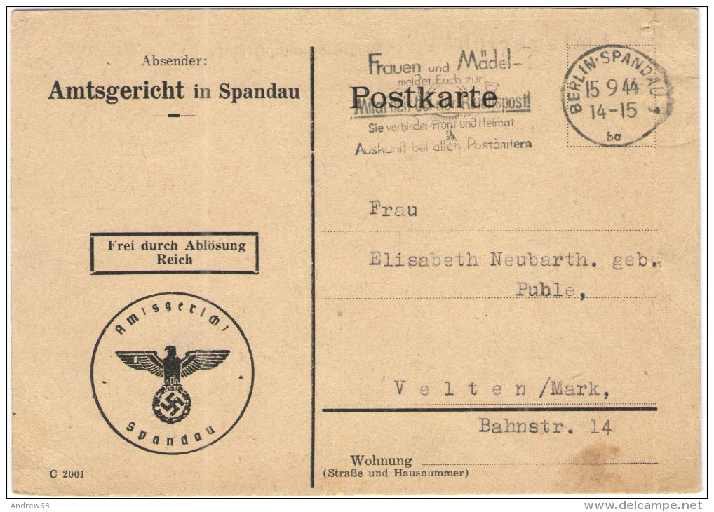 Deutsches Reich - 1944 - Frei Durch Ablösung Reich - Amtsgericht In Spandau - Viaggiata Da Berlin, Spandau Per Velten - Covers & Documents