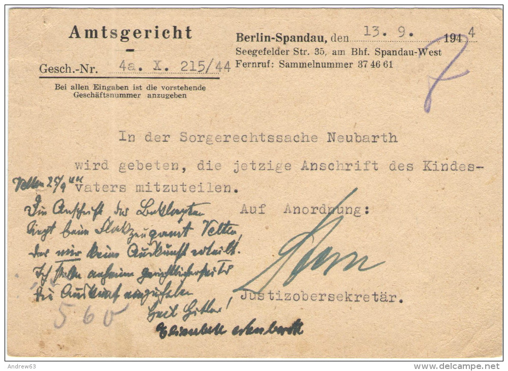 Deutsches Reich - 1944 - Frei Durch Ablösung Reich - Amtsgericht In Spandau - Viaggiata Da Berlin, Spandau Per Velten - Covers & Documents