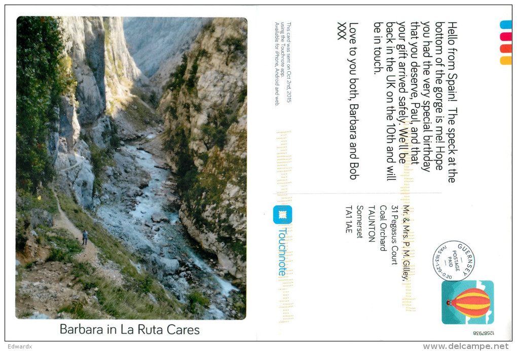 Barbara, La Ruta Cares, Spain Postcard Posted 2015 Touchnote Private Post Via Guernsey - Otros & Sin Clasificación