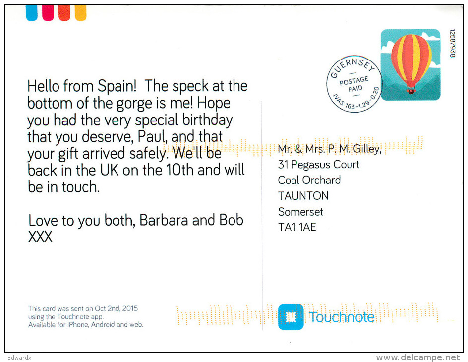 Barbara, La Ruta Cares, Spain Postcard Posted 2015 Touchnote Private Post Via Guernsey - Otros & Sin Clasificación