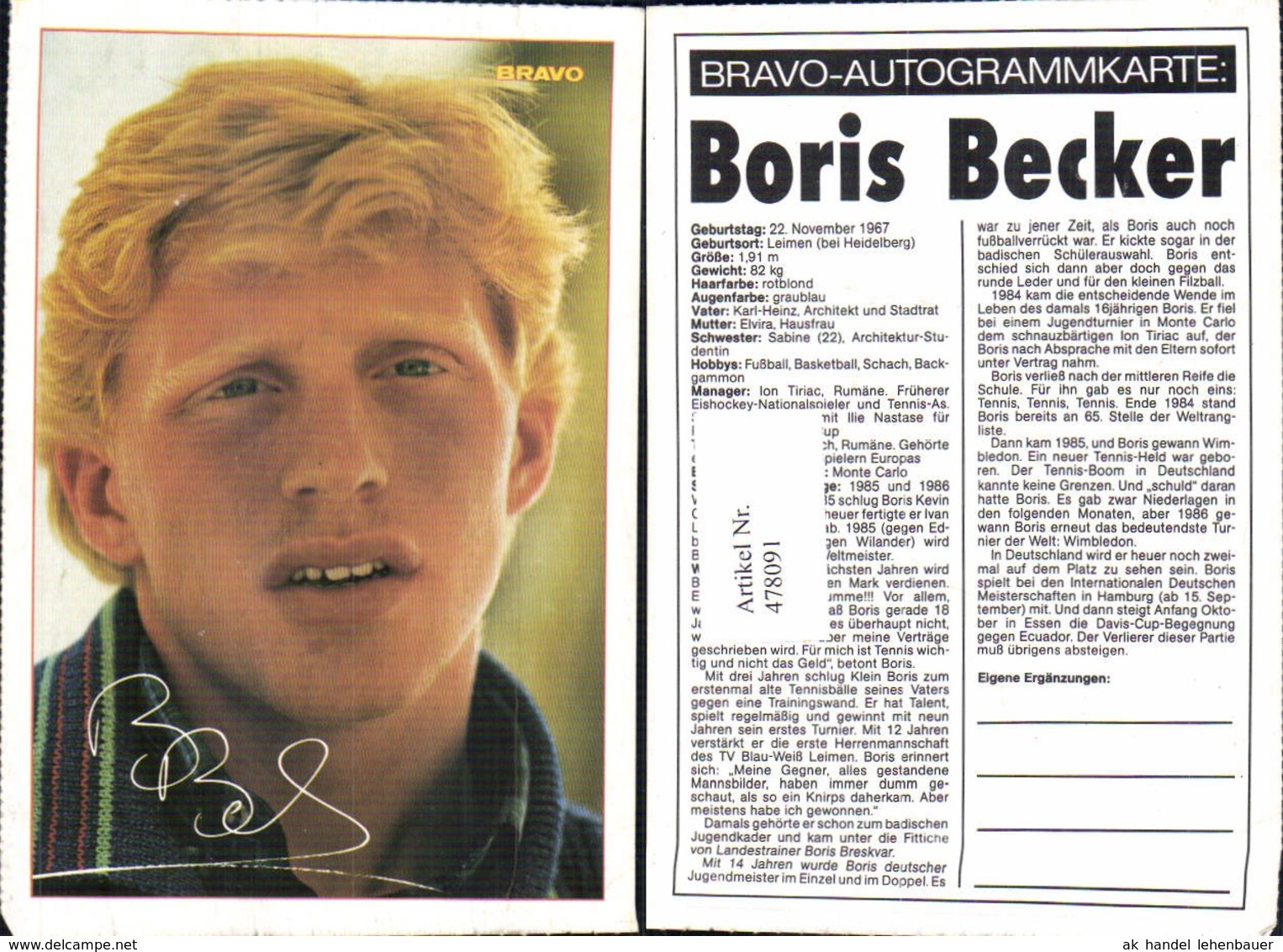 478091,Sportler Boris Becker Bravo-Autogrammkarte Tennis - Sportsmen