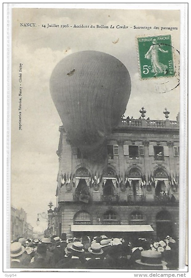 54-NANCY-14 JUILLET 1908-ACCIDENT DU BALLON LE CONDOR...SAUVETAGE DES PASSAGERS - Zeppeline