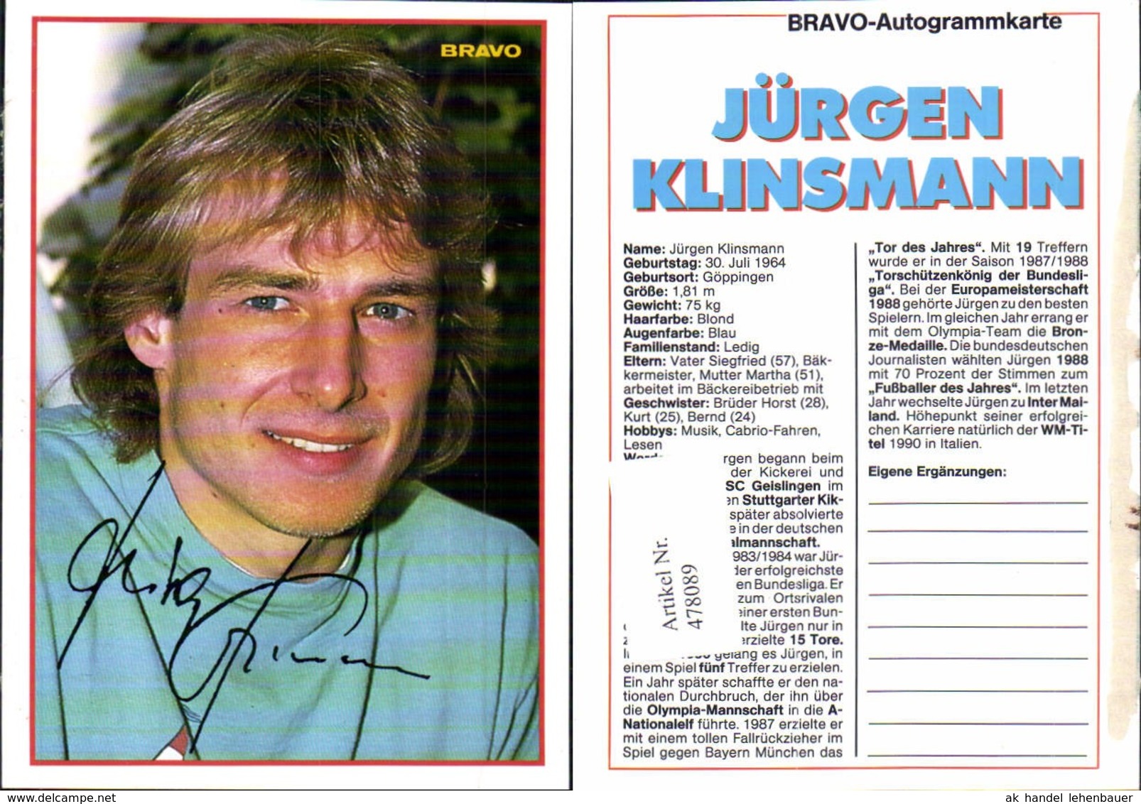 478089,Sportler J&uuml;rgen Klinsmann Bravo-Autogrammkarte Fu&szlig;ball - Sporters