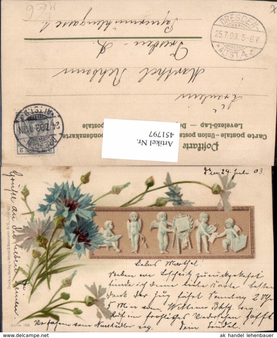 451797,K&uuml;nstler Litho Engeln Passepartout Kornblumen Blumen - Engel