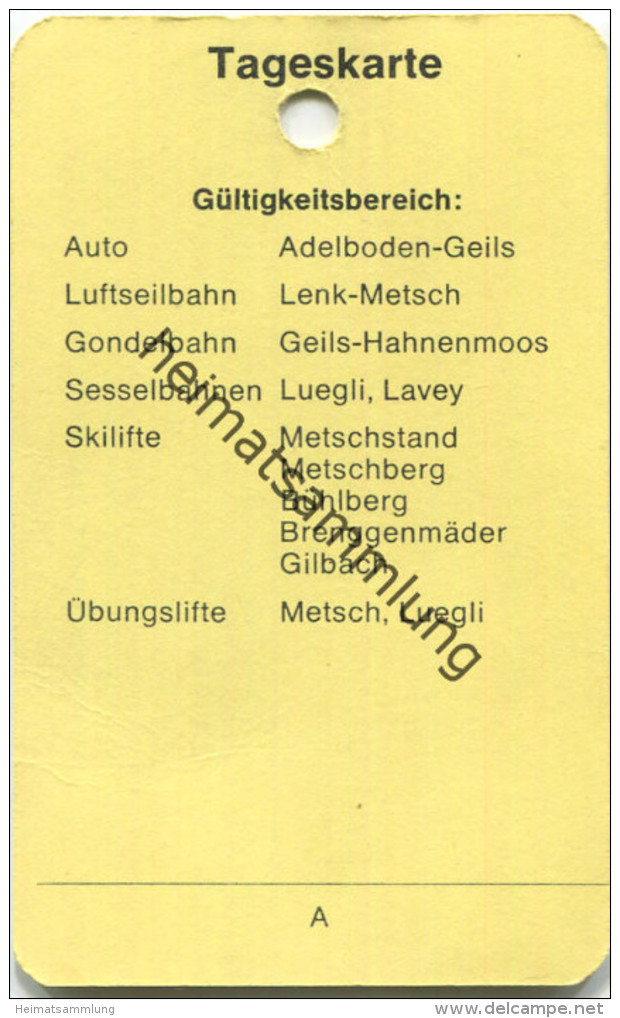 Schweiz - Adelboden - Tageskarte Für Luft- Lenk-Metsch Sessel- Luegli Lavey Gondelbahn Geils-Hahnenmoos - Skilifte - Europa