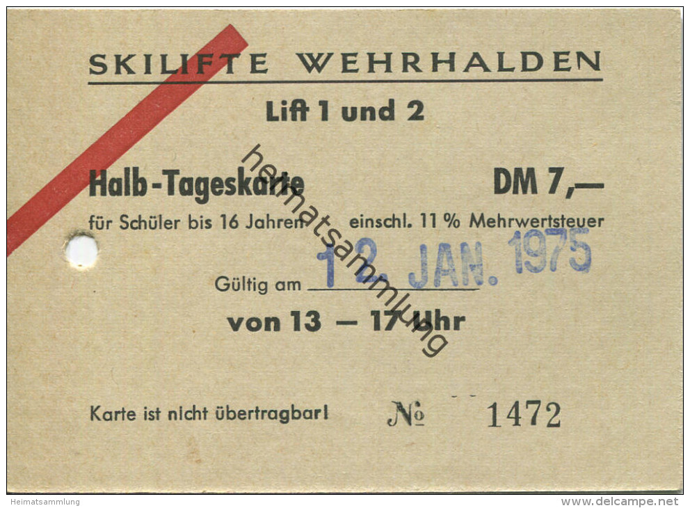 Skilifte Wehrhalden - Halb-Tageskarte Für Schüler 1975 - Europa