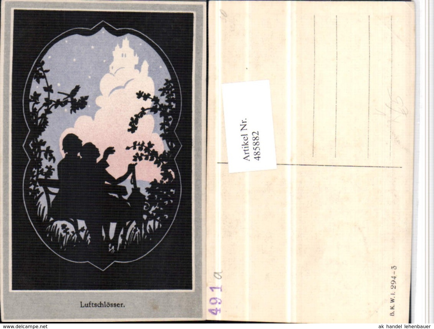 485882,K&uuml;nstler AK Scherenschnitt Silhouette Luftschl&ouml;sser Liebe Pub B.K.W.I. 294/3 - Scherenschnitt - Silhouette