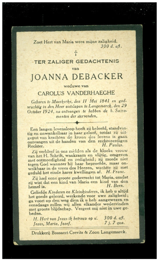 Doodsprentje ( A 683 )   Debacker / Vanderhaeghe  -  Moerkerke   Langemarck  Langemark  1924 - Overlijden