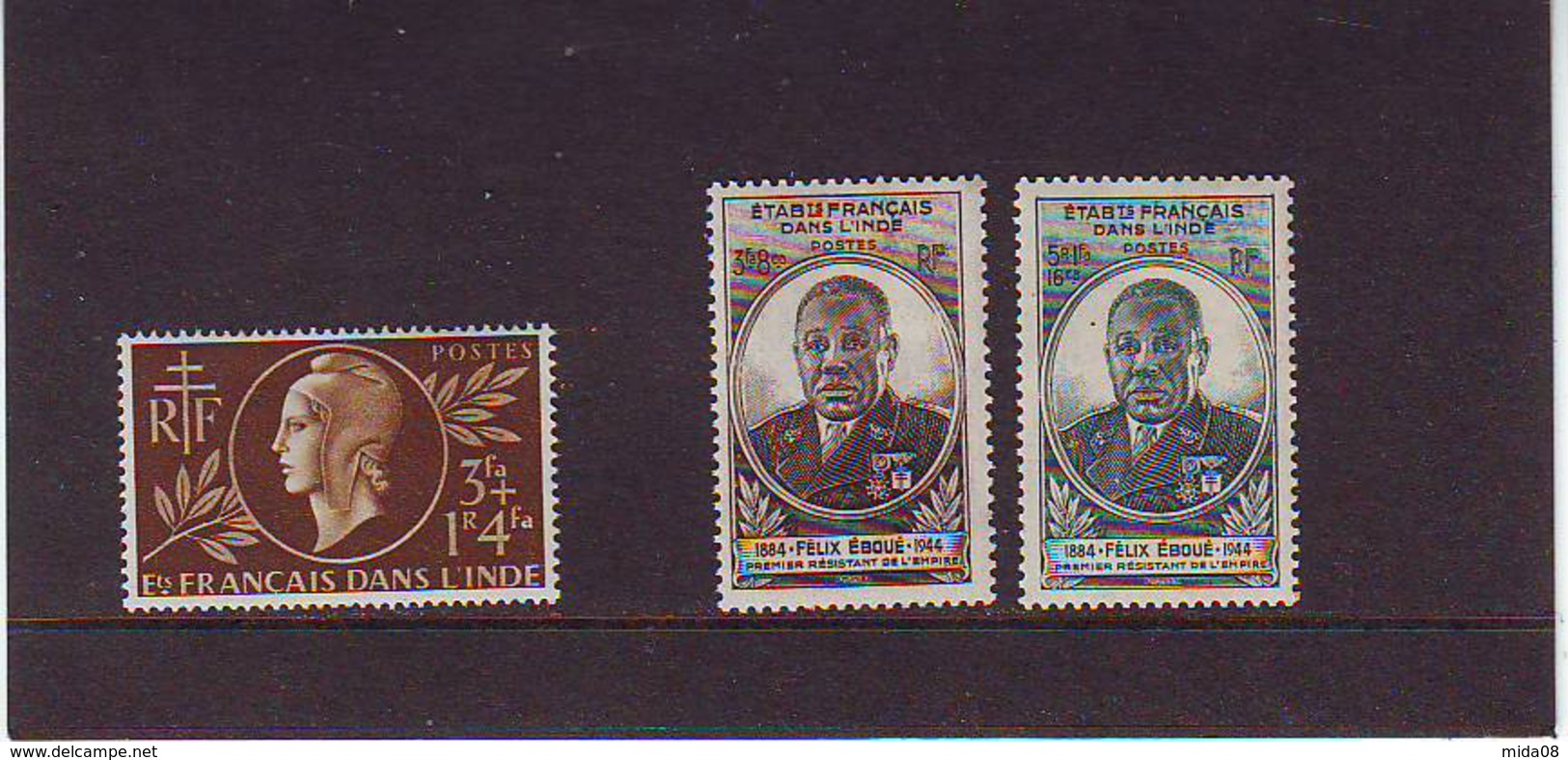 TIMBRE NEUF SANS CHARNIERES . LUXE** . MNH . ETABLISSEMENT FRANCAIS DE L' INDE . N: 233 . 234 Et 235 FELIX EBOUE. - Unused Stamps