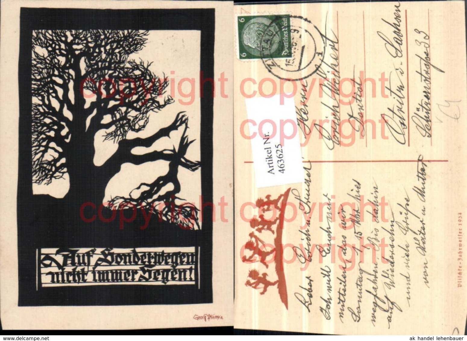 463625,K&uuml;nstler AK Scherenschnitt Silhouette Georg Plischke Baum Spruch - Scherenschnitt - Silhouette