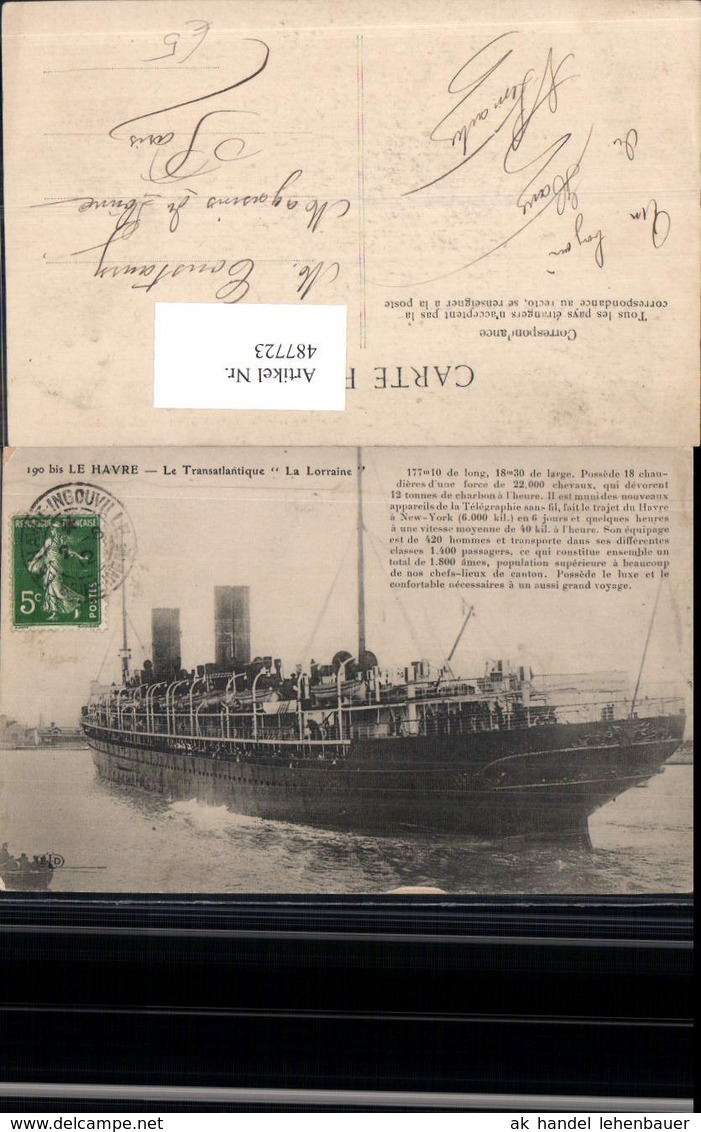 487723,Hochseeschiff Schiff Le Havre Le Transatlantique La Lorraine Dampfer - Handel