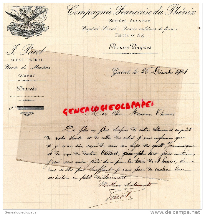 23 - GUERET - FACTURE J. PAROT - AGENT ASSURANCES DU PHENIX-ROUTE DE MOULINS-1904 - Bank & Versicherung