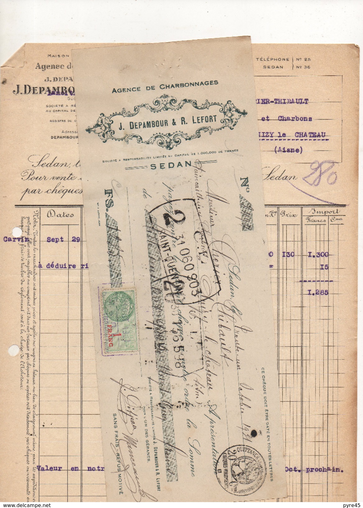 Facture Et Cheque Colle Agence De Charbonnages Depambour Et Lefort à Sedan Le 31 Octobre 1931 - 1900 – 1949