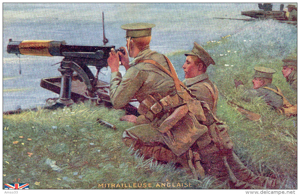 5094. CPA GRANDE BRETAGNE GUERRE 14 18 WW1. ILLUSTRATEUR. MITRAILLEUSE ANGLAISE. ENGLISH MACHINE GUN. - Matériel