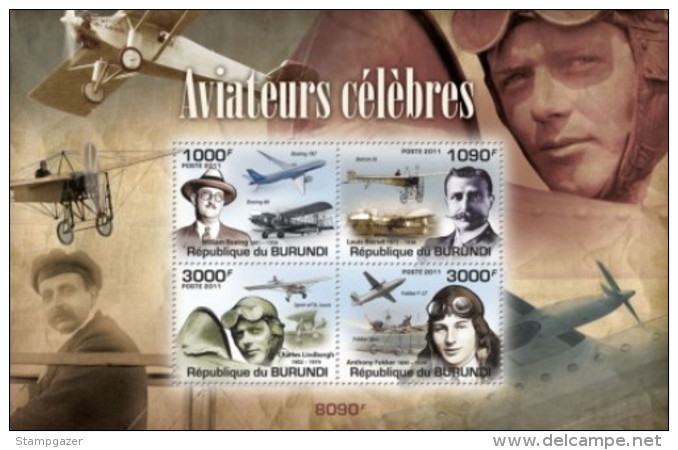 BURUNDI 2011 FAMOUS AVIATORS   4 Values Set + Miniature Sheet MNH - Unused Stamps