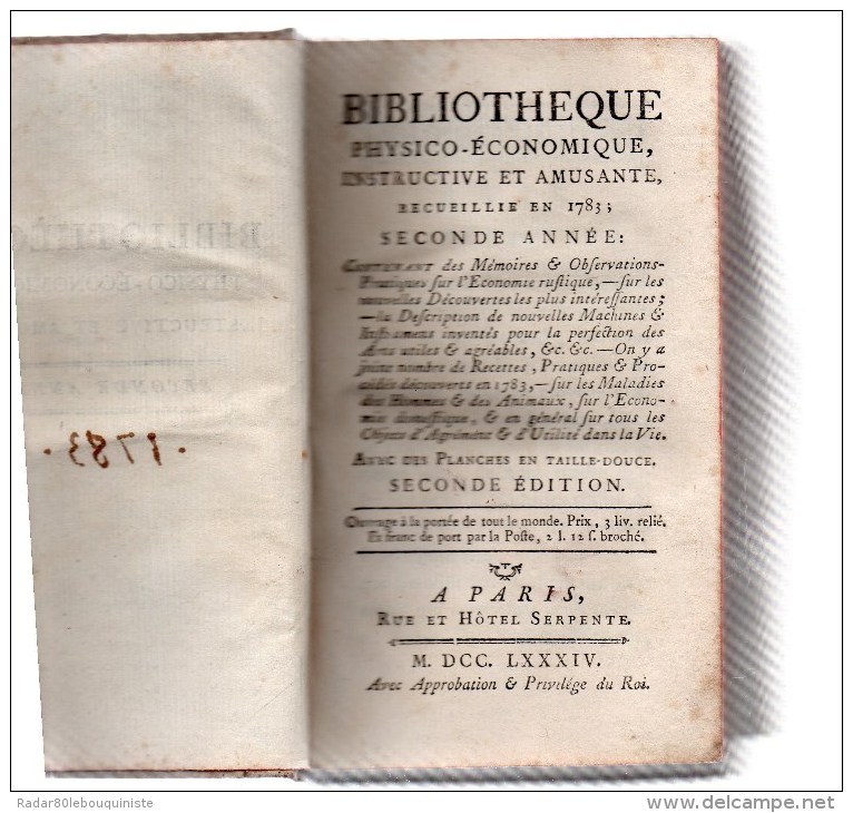 Bibliothèque Physico-économique,instructive ,Amusante,recueillie En 1783.Seconde Année.3 Planches.8 & 441 Pp.1784.in-12 - 1701-1800