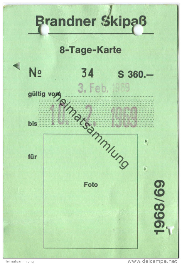 Niggenkopfbahn - Skilifte - Bergbahnen Brand Ner Skipass 8-Tage-Karte 1969 - Europe