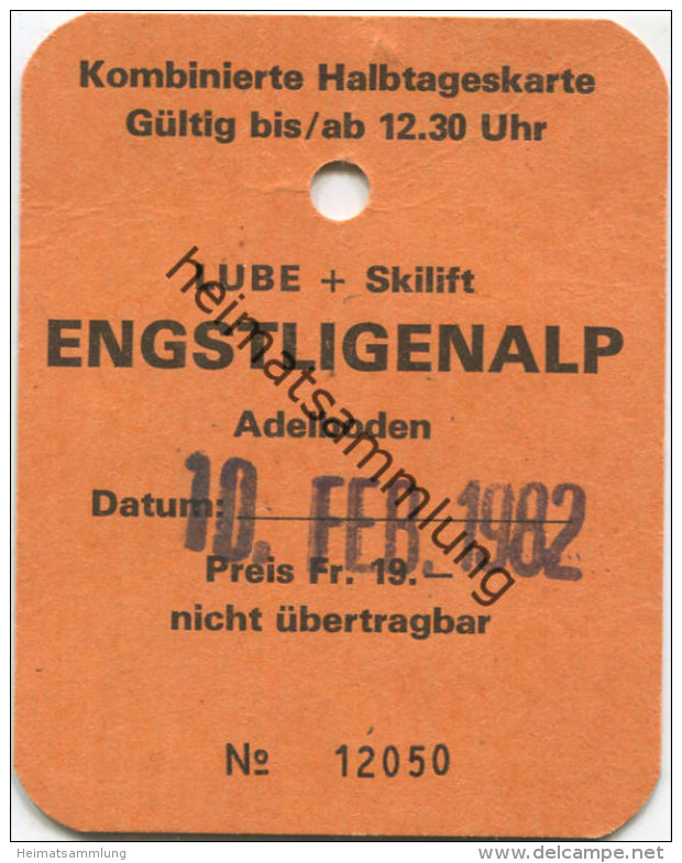 Kombinierte Halbtageskarte LUBE + Skilift Engstligenalp Adelboden 1982 - Europe