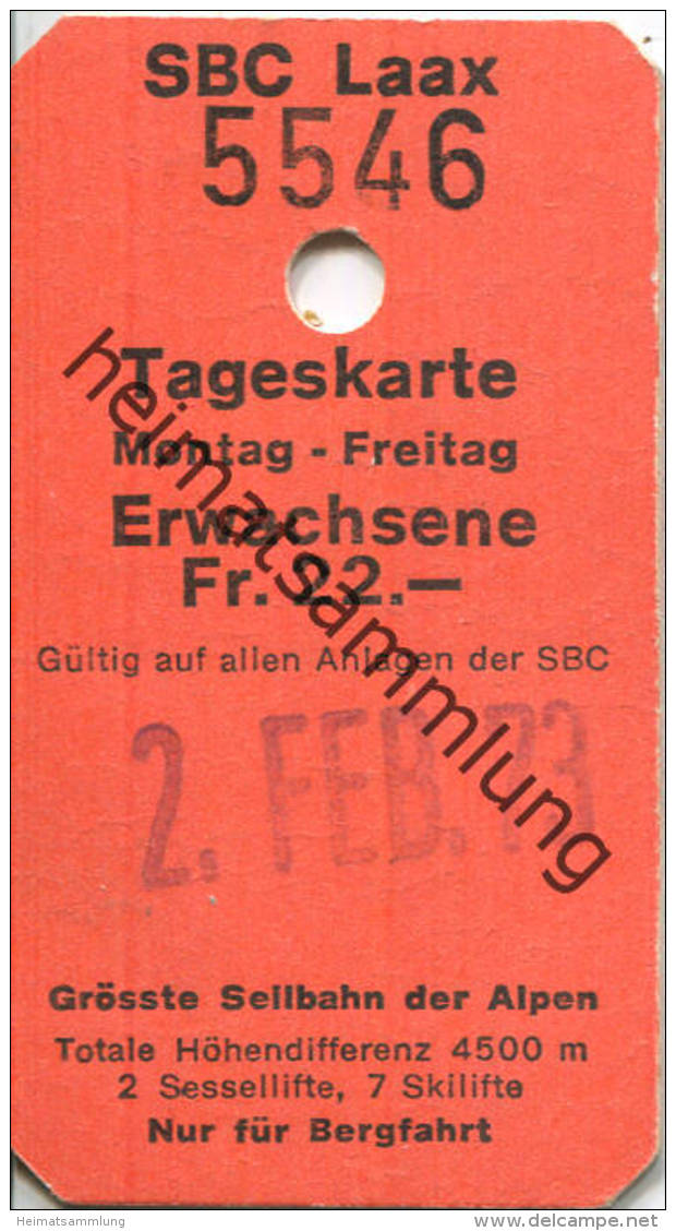 SBC Laax - 2 Sessellifte 7 Skilifte - Tageskarte 1973 - Europa
