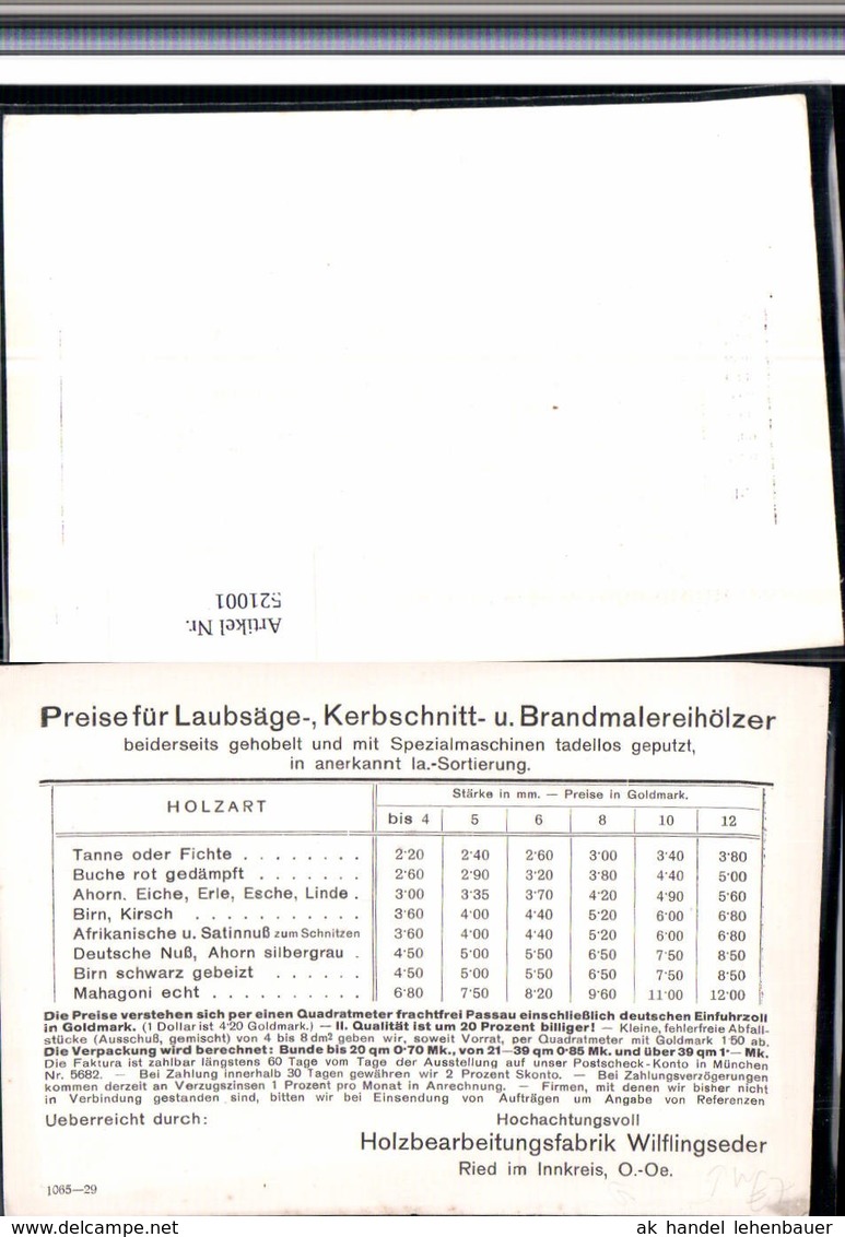521001,Reklame Beleg Ried Im Innkreis Fabrik Wilflingseder - Werbepostkarten