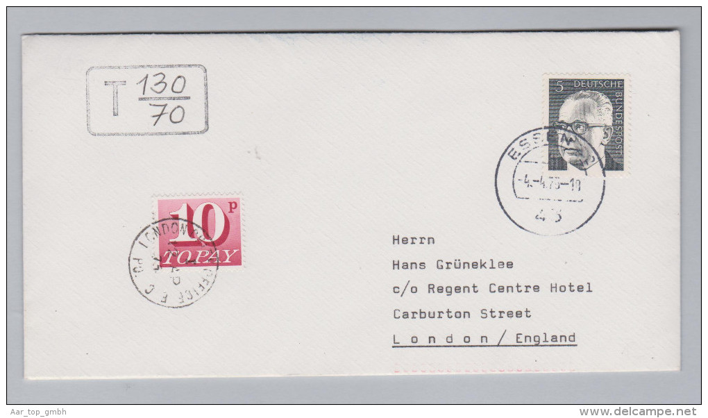 GB Porto 1975-04-12 London 10p Strafporto Auf Brief Aus Essen D - Tasse