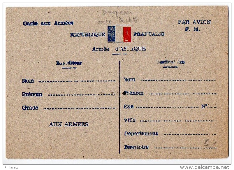 Carte De Franchise Militaire Neuve 'Armée D'Afrique' (drapeau Avec Traits Horizontaux) - Guerre De 1939-45