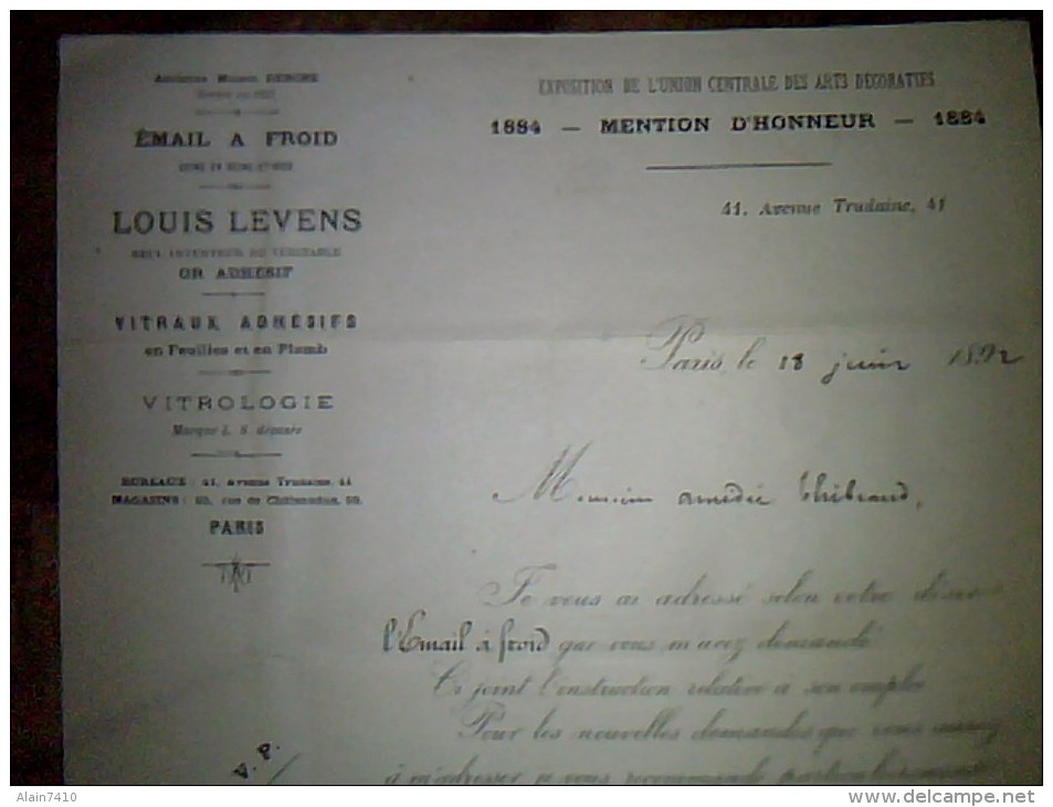 Vieux Papiers Facture Vitrologie Email A Froid.. Louis Levens A Paris Av Trudaine Anne 1892 - 1800 – 1899
