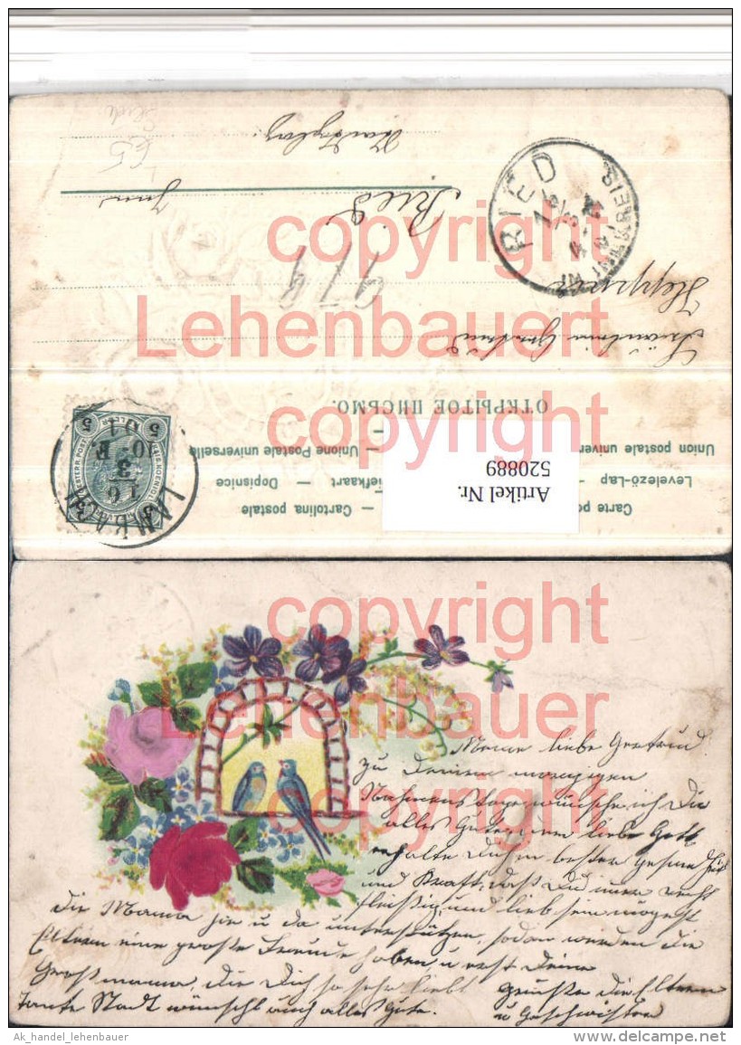 520889,Präge Material Litho Seide Rosen Blumen Vögel - Sonstige & Ohne Zuordnung