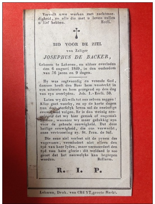 DOODSPRENTJE - KNEKEL PRENTJE - DOODSHOOFD - JOSEPHUS DE BACKER LOKEREN 1849 - Religion & Esotérisme