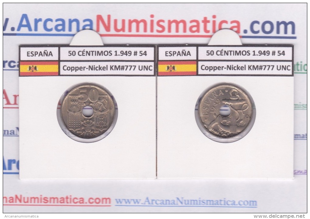 SPAIN / FRANCO   50  CENTIMOS  1.949  #54  CU NI  KM#777  SC/UNC     T-DL-9210 - 50 Céntimos