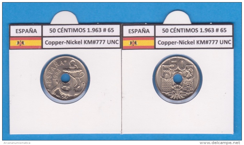 SPAIN / FRANCO   50  CENTIMOS  1.963  #65  CU NI  KM#777  SC/UNC     T-DL-9212 - 50 Céntimos