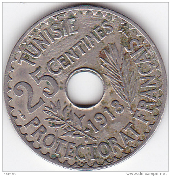 Franc 25 Centimes TUNISIE Protectorat Français Muhammad Al-Nasir 1918 Nickel Bronze - Tunisie