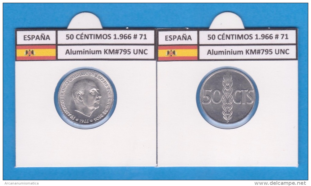 SPAIN / FRANCO   50  CENTIMOS  1.966  #71  ALUMINIO  KM#795  SC/UNC    T-DL-9237 - 50 Centiem