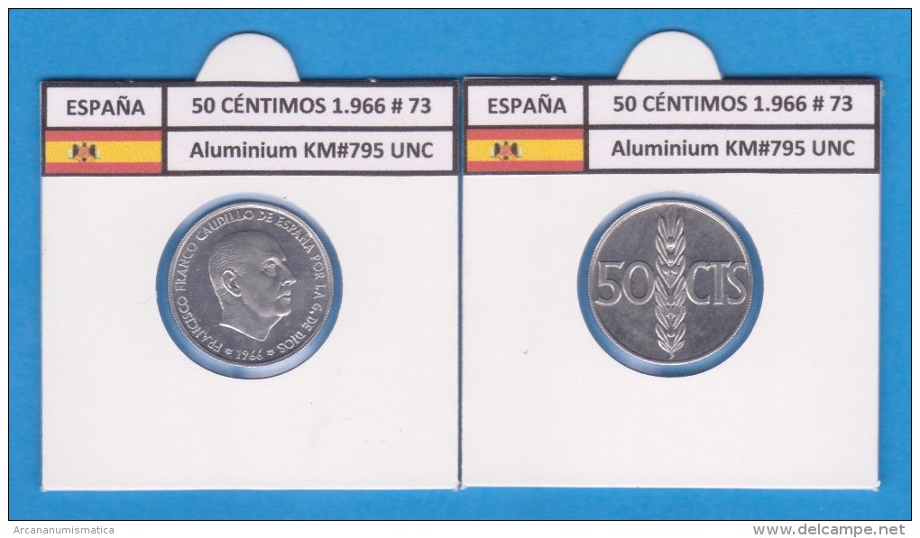 SPAIN/ FRANCO   50  CENTIMOS  1.966  #73  ALUMINIO  KM#795  SC/UNC    T-DL-9246 - 50 Centiem