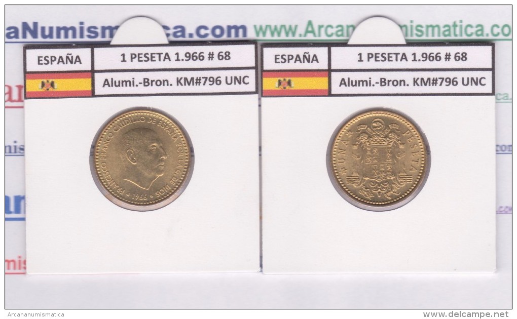 SPANJE / FRANCO   1  PESETA   1.966 #68  Aluminio-Bronce  KM#796  SC/UNC    T-DL-9256 - 1 Peseta