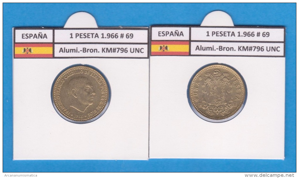 SPAIN / FRANCO   1  PESETA   1.966 #69  Aluminio-Bronce  KM#796  SC/UNC    T-DL-9259 - 1 Peseta