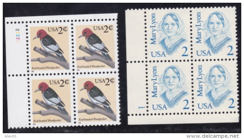 Sc#2169  Mary Lyon 1987 And #3032 Woodpecker Bird Issues Two Plate# Block Of 4 2-cent US Stamps - Numéros De Planches